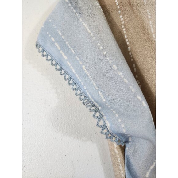 Vintage 80s Size 10 Watercolor Blue Tan Striped V-Neck Short Sleeve Midi Dress - Picture 4 of 6